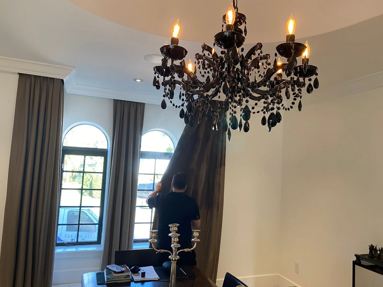 Formal dining room draperies freshly cleaned while still hanging