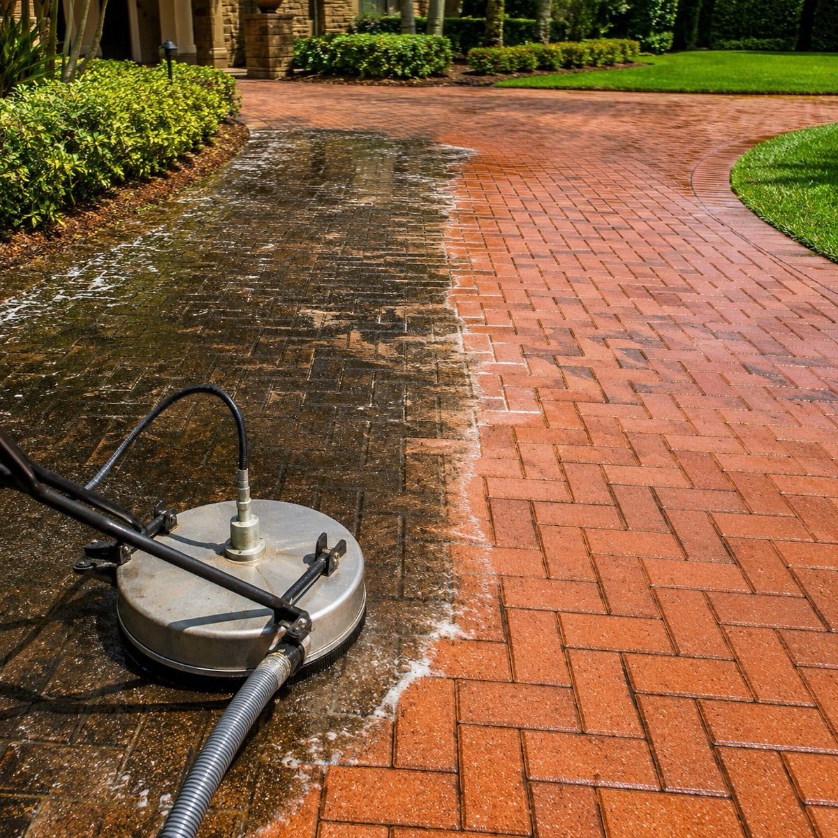 Brick paver driveway split down the middle, grimy on one side and bright red on the cleaned side