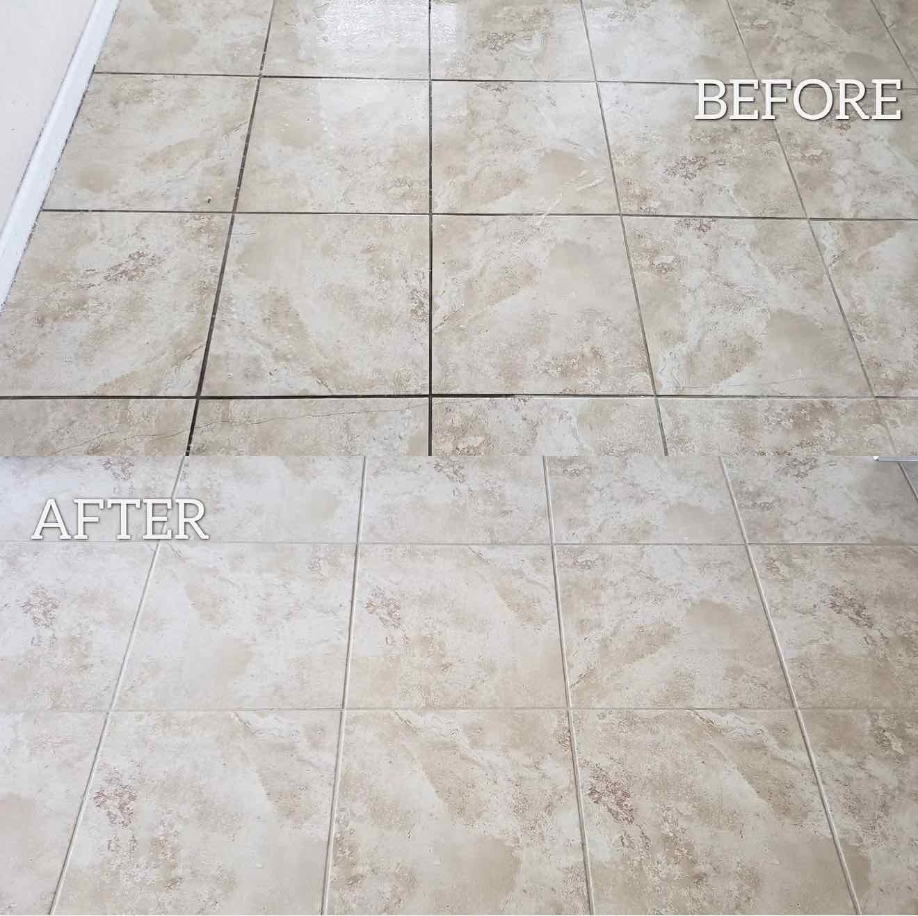 Before and after of steam-cleaned tile and grout